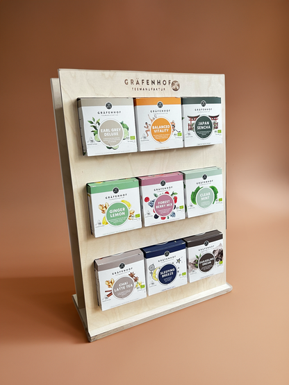 Gräfenhof collection professional set with real wood display + 12 organic teas + 2 seasonal teas
